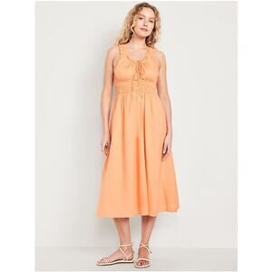 Old Navy Blossom Petal Orange Smock Define Waist Ruffle Summer Casual Midi Dress